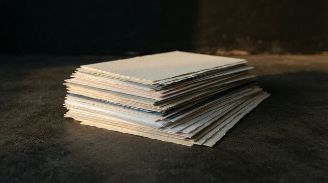 Stack of paper sheets leaning on a dark concrete surface under warm light