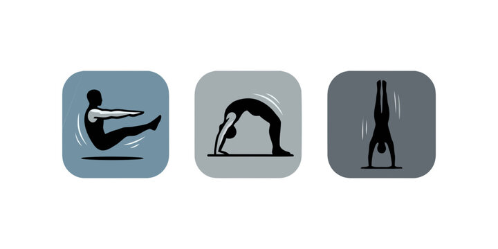 Gymnastics App Icon Set with V-Sit, Back Bridge, and Handstand Exercise Silhouettes, Minimalist Athlete Bodyweight Workout Routine Vector Graphics Collection