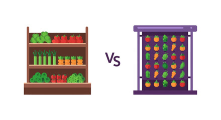 Naklejka premium Traditional Supermarket Shelves vs Modern Vertical Farming Illustration, Sustainable Agriculture Comparison Concept