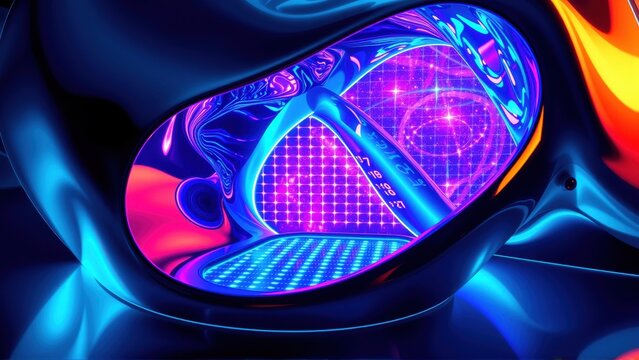Futuristic visor glows, vibrant blues, pinks dominate. Reflective surface shows digital grid, abstract shapes within. Smooth curves define design.