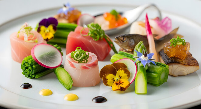Gourmet sushi and sashimi platter with fresh ingredients and floral decorations