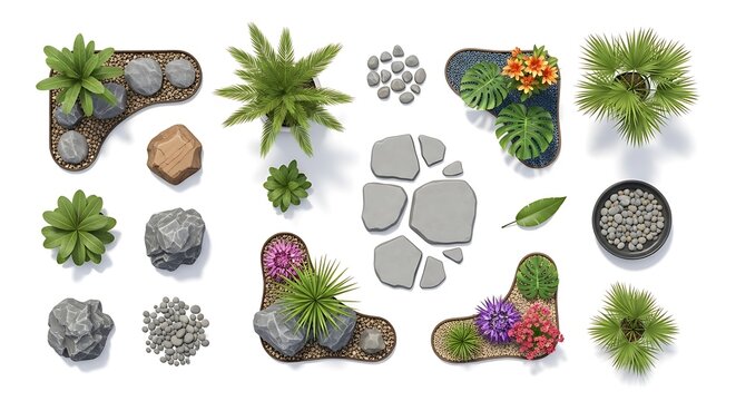 Top view garden plants and stone path elements set for landscape design