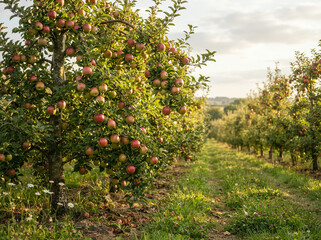 Fototapeta premium Rows of fruit trees heavy with ripe produce stretch through a sunlit orchard