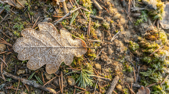 Frosted oak leaf lying on a bed of moss and fallen pine needles in the woods