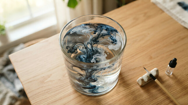 Glass tumbler with swirling blue ink in water on a wooden table near a window