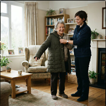 A younger woman helps an elderly woman with her coat in a cozy home living room
