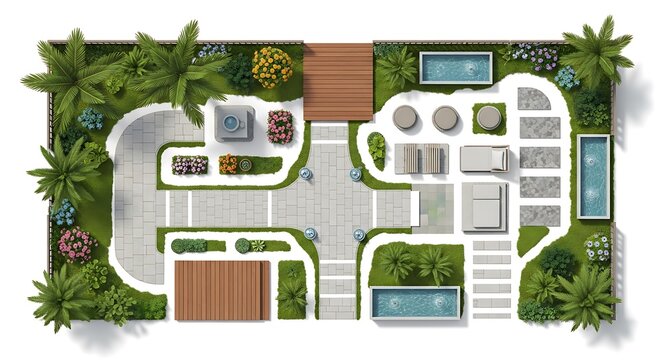 Top view of a modern house landscape design with garden and pool