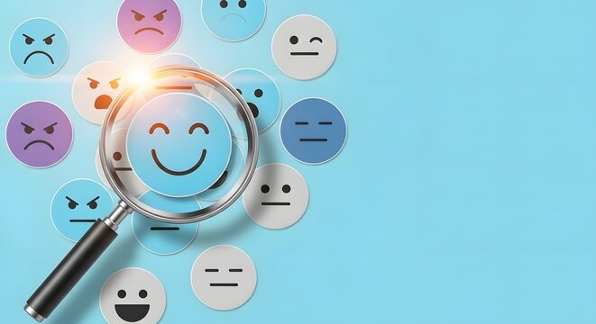 Hand holding magnifying glass focusing on happy emoji face among diverse emotion icons on light blue background