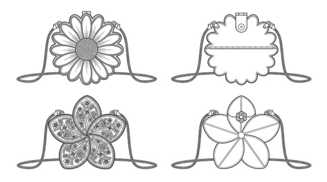 Technical line drawing of luxury floral shaped handbags including front and back views of daisy and plumeria designs with chain straps for product design and fashion manufacturing blueprints