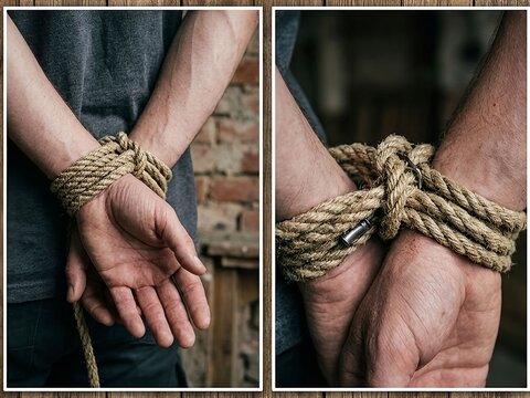Man Hands Tied Behind Back with Thick Rope. For restraint, captivity, imprisonment, coercion, helplessness, and loss of freedom