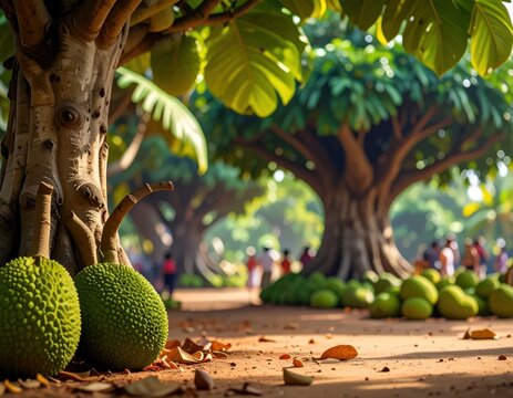Large jackfruit growing on trunk in tropical orchard.