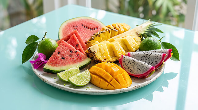 Fresh sliced tropical fruit platter with watermelon pineapple and mango