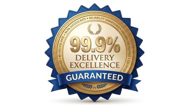 Gold and blue 99.9 percent delivery excellence guaranteed seal on white background