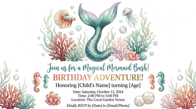 Mermaid Birthday Party Invitation Template with Watercolor Sea Life and Coral Reef