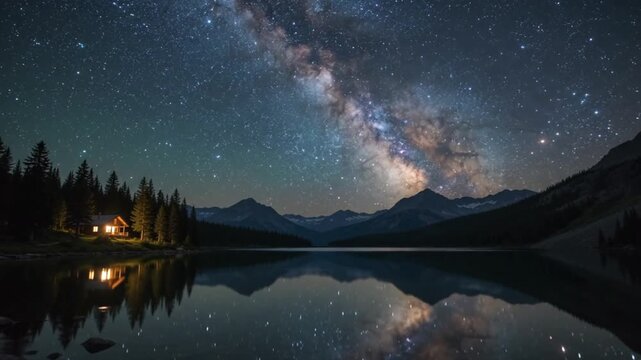 A serene landscape featuring a cozy cabin by a calm lake under a brilliant starry milky way sky
