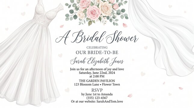 Bridal shower invitation template with watercolor wedding dress and floral bouquet design.