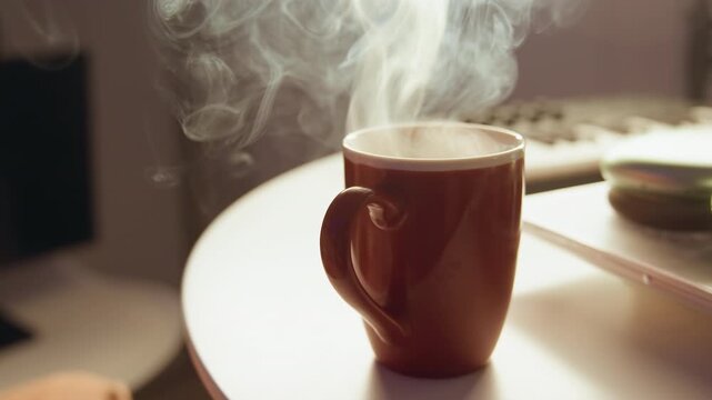 Glossy ceramic mug rests near edge of round tabletop with handle facing viewer while visible steam rises and curls upward, suggesting freshly poured hot beverage in warm home setting