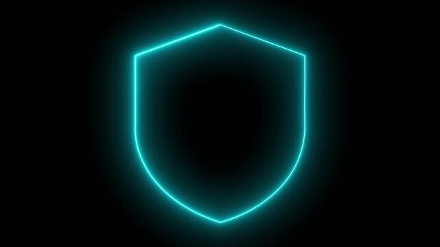 Single Blue Neon Shield Outline on Black Background protection security