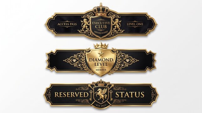 Set of luxury gold and black ornate heraldic labels for premium branding and VIP events