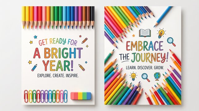 Back to school posters with colorful pencils and inspirational text on white background