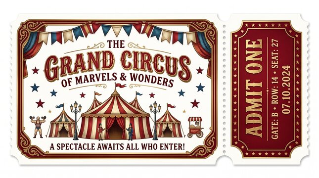 Vintage circus admission ticket with grand tent illustration on white background