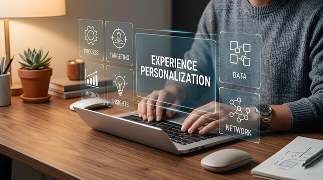 Experience personalization interface displayed on a laptop screen being used by a professional in a modern home office environment
