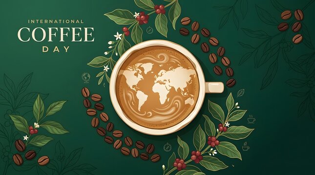 Coffee cup displaying a world map in latte art vector illustration