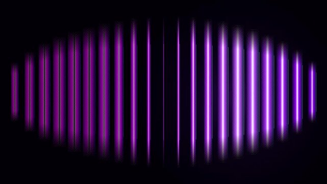 Abstract glowing purple vertical bars pulsing and scaling rhythmically in a rhythmic audio visualizer wave format against a dark background, elegant nightclub music equalizer motion loop
