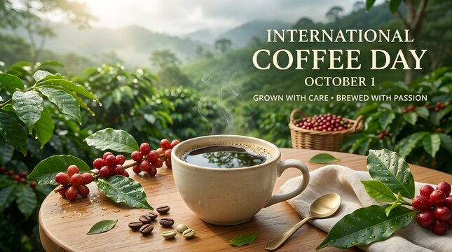 Cup of coffee with coffee beans and plants scenic outdoor setting