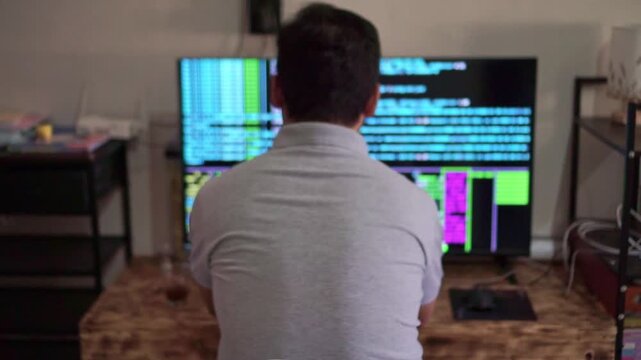 Programmer from behind watching hacker terminal screens, glowing code lines in dark studio, cybersecurity, coding and data breach concept.