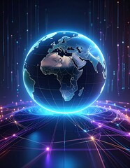 Naklejka premium Futuristic digital globe with glowing data streams.