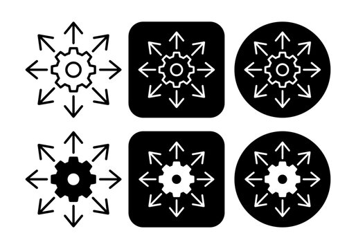 Set of six vector icons showing a gear with outward arrows representing distribution and multitasking in black and white.