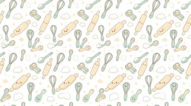 Playful kitchen tools design featuring rolling pins and whisks set against a soft light backdrop