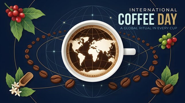 Coffee cup displaying a world map with coffee beans and leaves