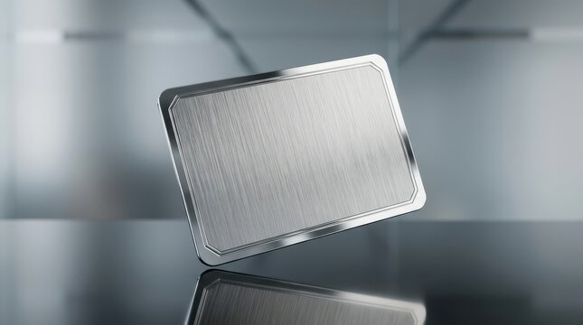 Blank metallic rectangle card floating over a dark reflective surface