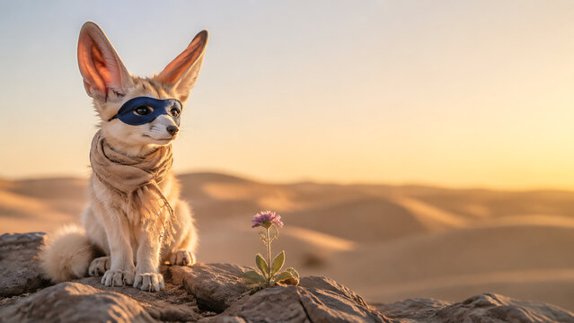 Realistic masked fennec fox guardian beside a desert flower at sunrise