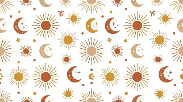 Beautiful seamless design showcasing sun and moon illustrations in warm earthy colors against a clean white backdrop
