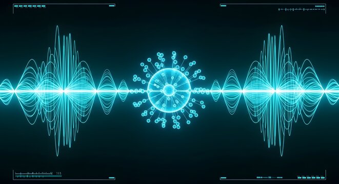 3D sound wave energy pulse with glowing blue audio visualization and futuristic waveform effect