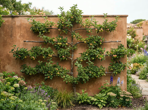 Espaliered fruit tree grows against a concrete wall in a flowering garden bed