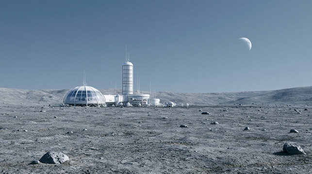 Moon base habitat dome structure featuring metallic architecture for future space colonization concepts.