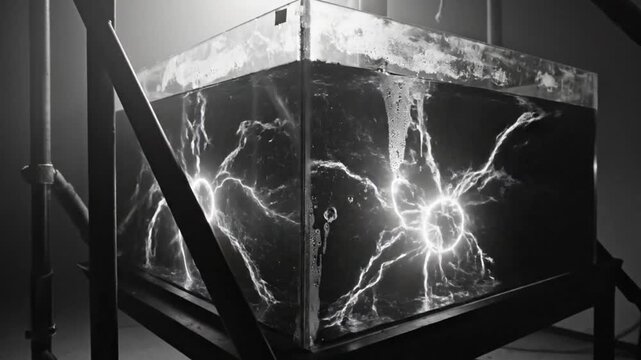 Black and white close up of a glass container filled with water exhibiting high voltage electrical discharge, Tesla coil experiment