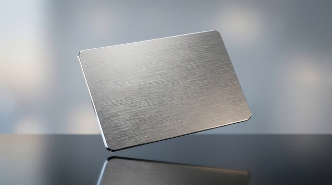 Blank metal credit card floating above a dark reflective surface