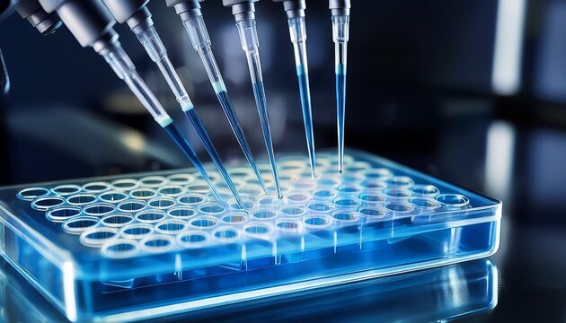 close up of pipettes ejecting reagents into microplate wells for drug screening assay