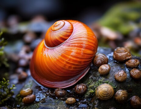 vibrant orange spiral shell rests on a wet barnacle covered rock