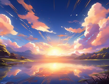 beautiful anime style background with a picturesque sunrise fluffy clouds a serene lake and a bright sun shining in the sky