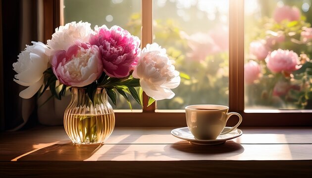 a cozy scene with a cup of coffee and a vase of pink and white peonies basking in warm sunlight by a window