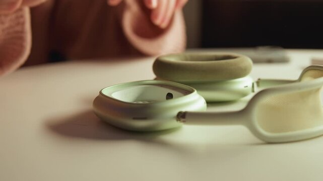 Close view of muted green over ear headphones resting on tabletop with textured fabric ear cushions and matte plastic frame, while hands reach in and adjust earcup and headband for placement