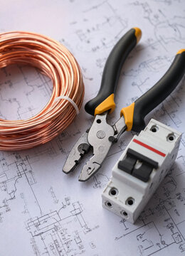 A coil of copper wire, combination pliers and a miniature circuit breaker placed on a printed electrical schematic drawing. Close-up overhead composition.