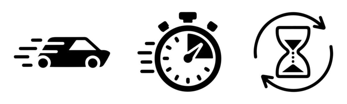 Fast car and timer icons in black flat style for rapid shipping logistics and quick delivery services.