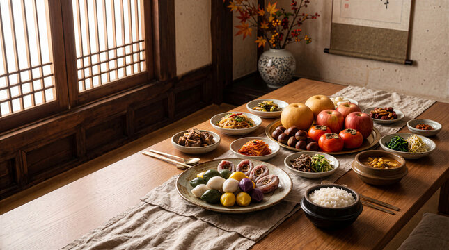 Chuseok Festival Table Setting Authentic Korean Harvest Celebration with Songpyeon Rice Cakes Fresh Seasonal Fruits Apples Pears Persimmons Namul Vegetable Sides Traditional Wooden Background, 추석